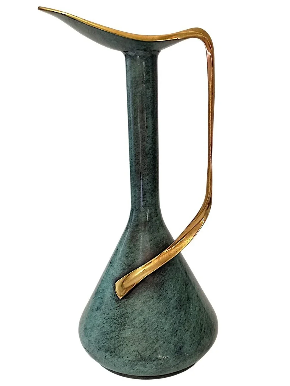 Vintage Pal Bell Brass Ewer Pitcher Israel Green Enamel MCM Modernist Freeform